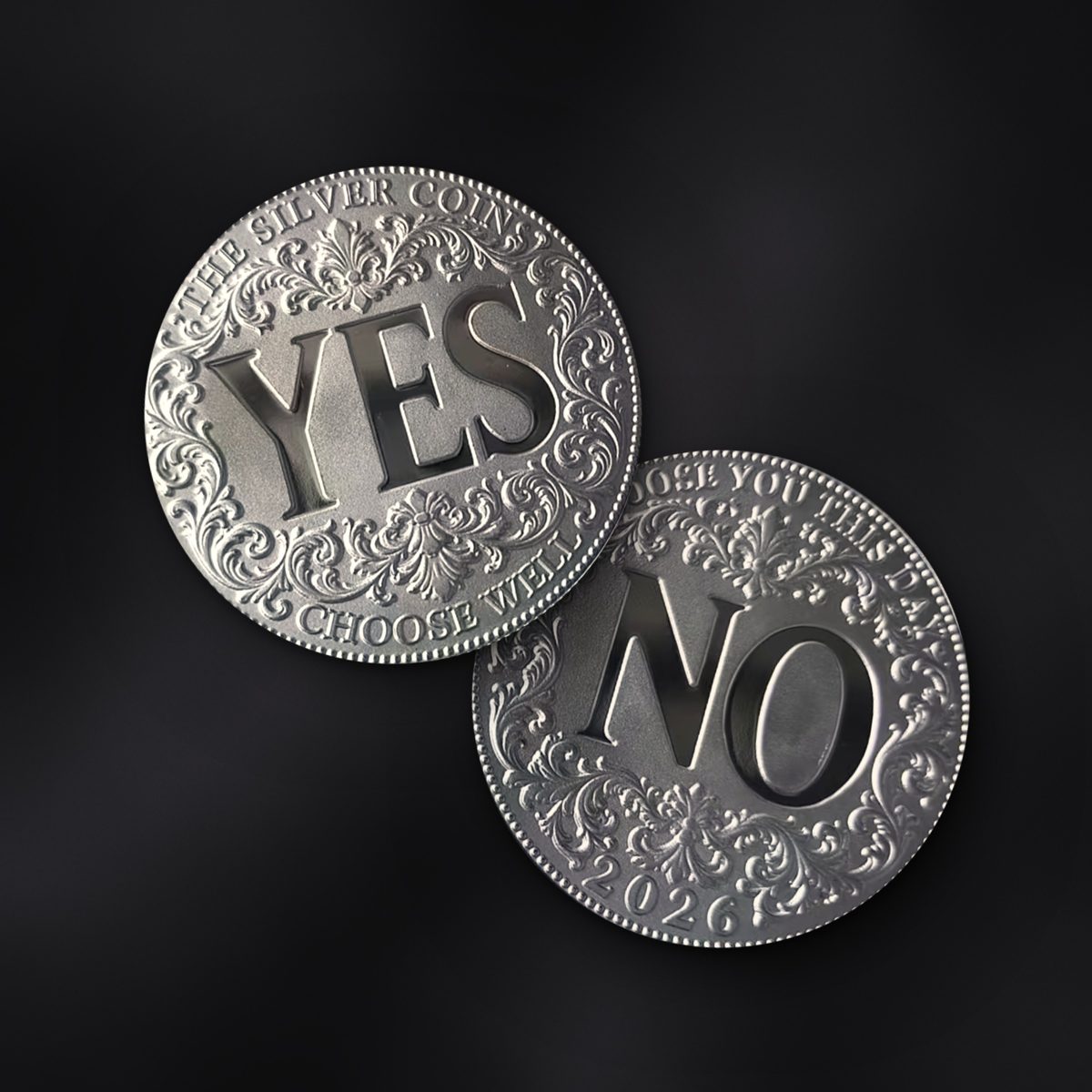 Both sides of the real Silver Coin, YES and NO, on dark velvet